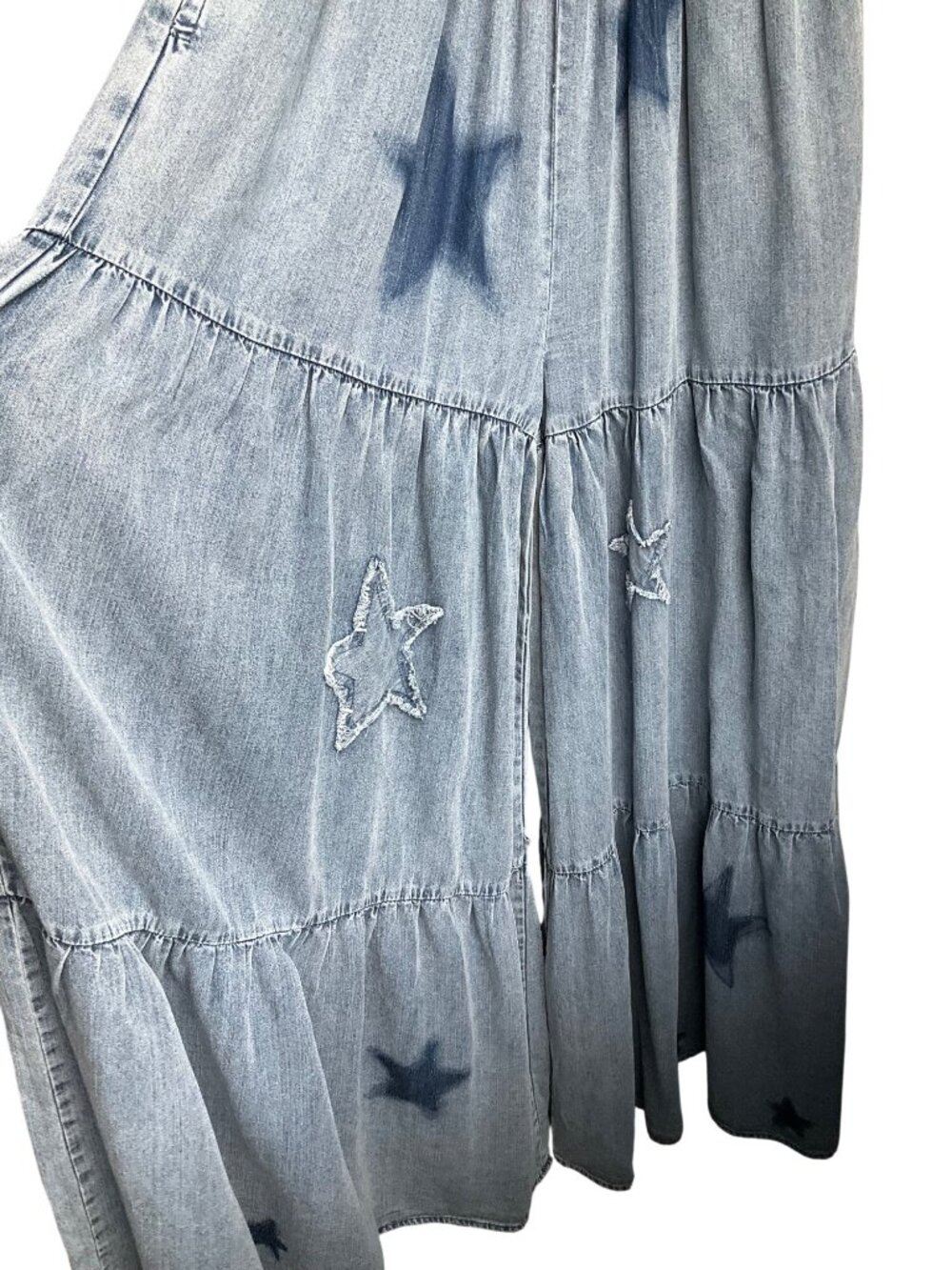 New Blue Velvet S/M Smocked Tiered Wide Leg Chambray Jumpsuit Adjustable - Picture 9 of 14